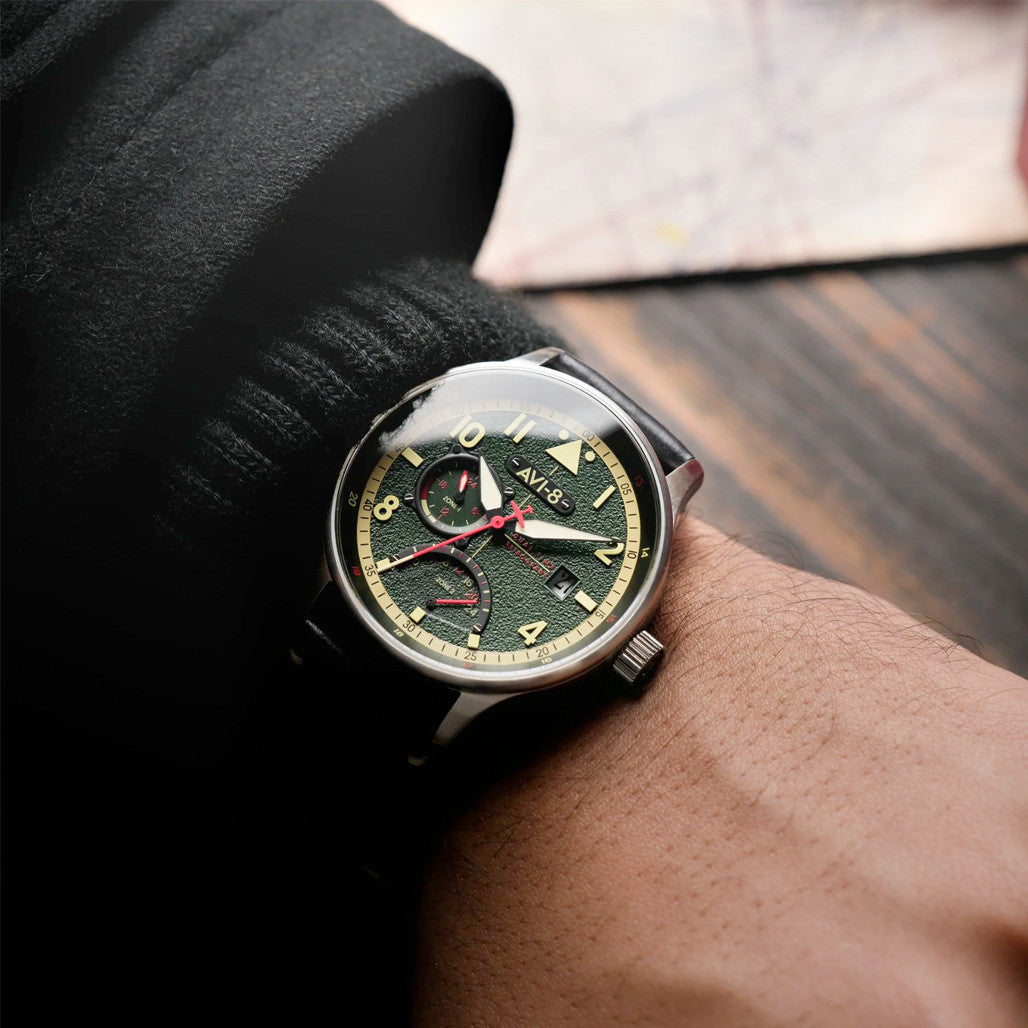 AVI-8 McKellar Dual Time Watch with Green Dial #AV-4101-0A — Long