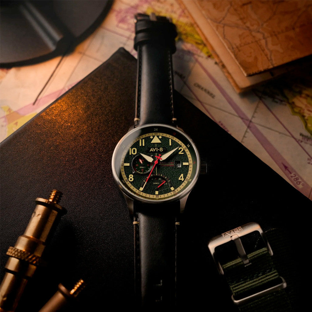AVI-8 McKellar Dual Time Watch with Green Dial #AV-4101-0A — Long