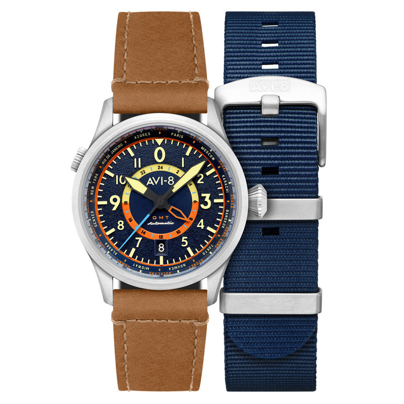 AVI-8 Flyboy Wingman Worldtimer GMT with Atlantic Blue Dial #AV-4120-01