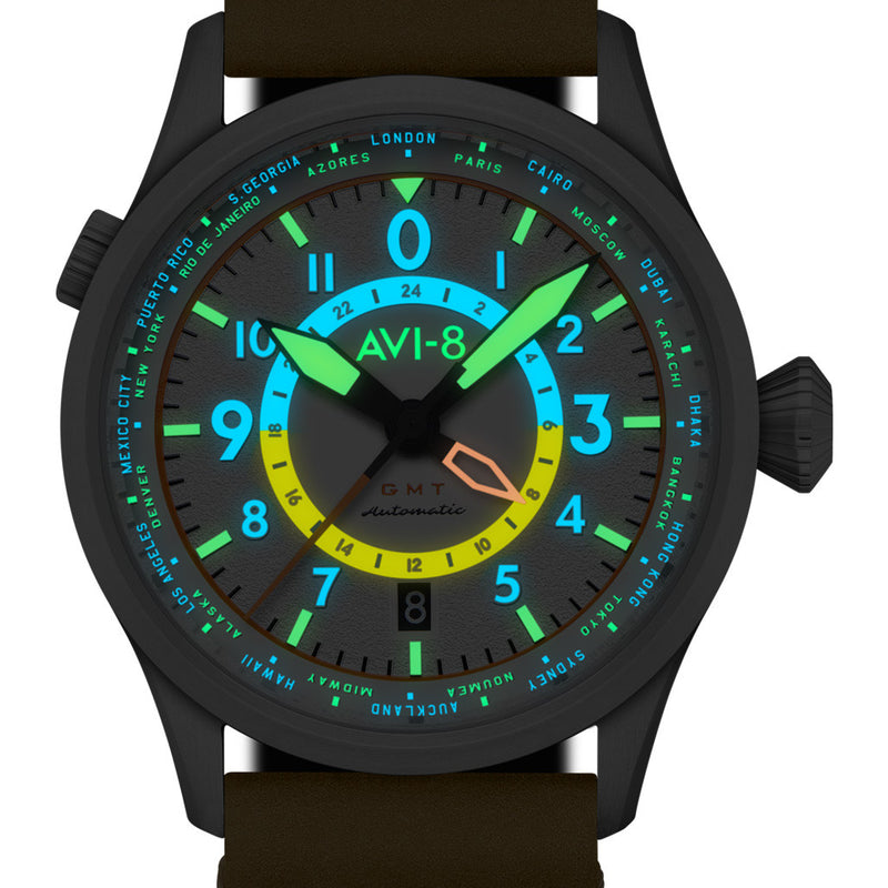 AVI-8 Flyboy Wingman Worldtimer GMT with Sand Green Dial #AV-4120-02