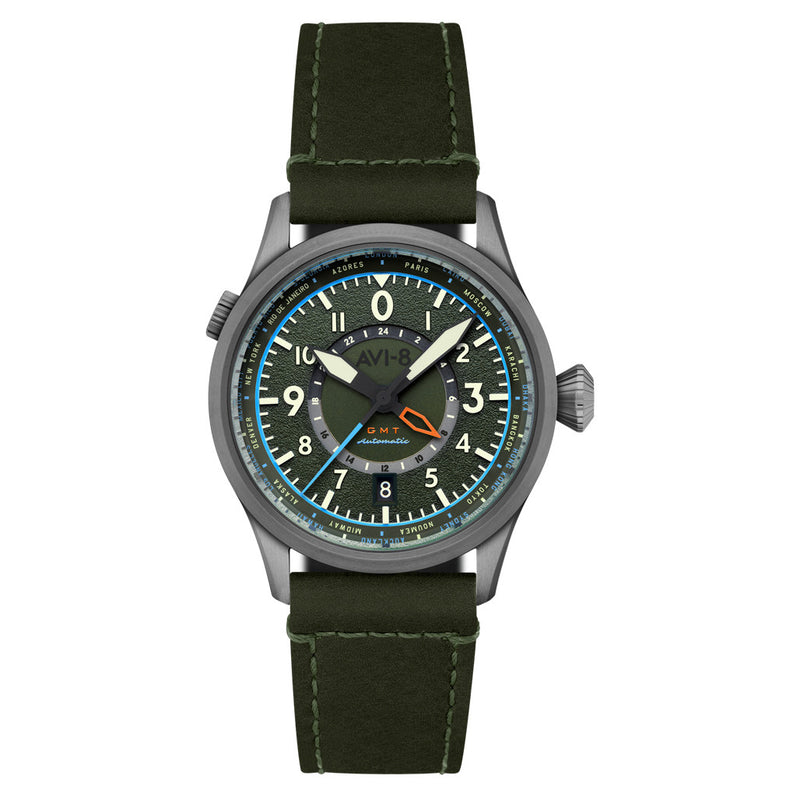 AVI-8 Flyboy Wingman Worldtimer GMT with Jungle Green Dial #AV-4120-05