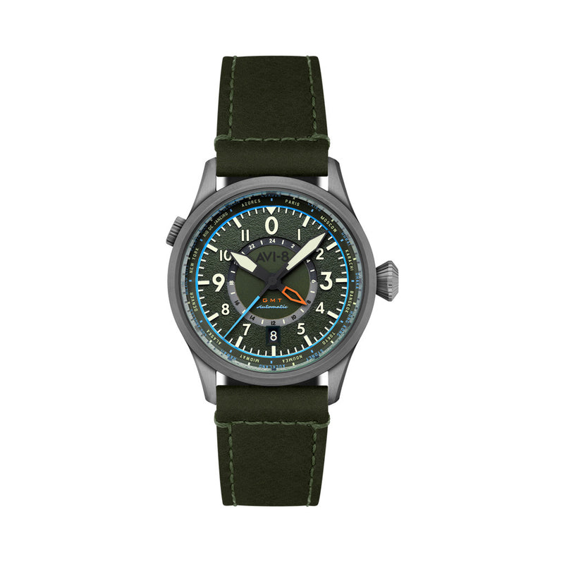 AVI-8 Flyboy Wingman Worldtimer GMT with Jungle Green Dial #AV-4120-05