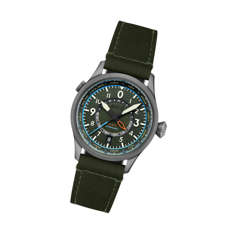 AVI-8 Flyboy Wingman Worldtimer GMT with Jungle Green Dial #AV-4120-05