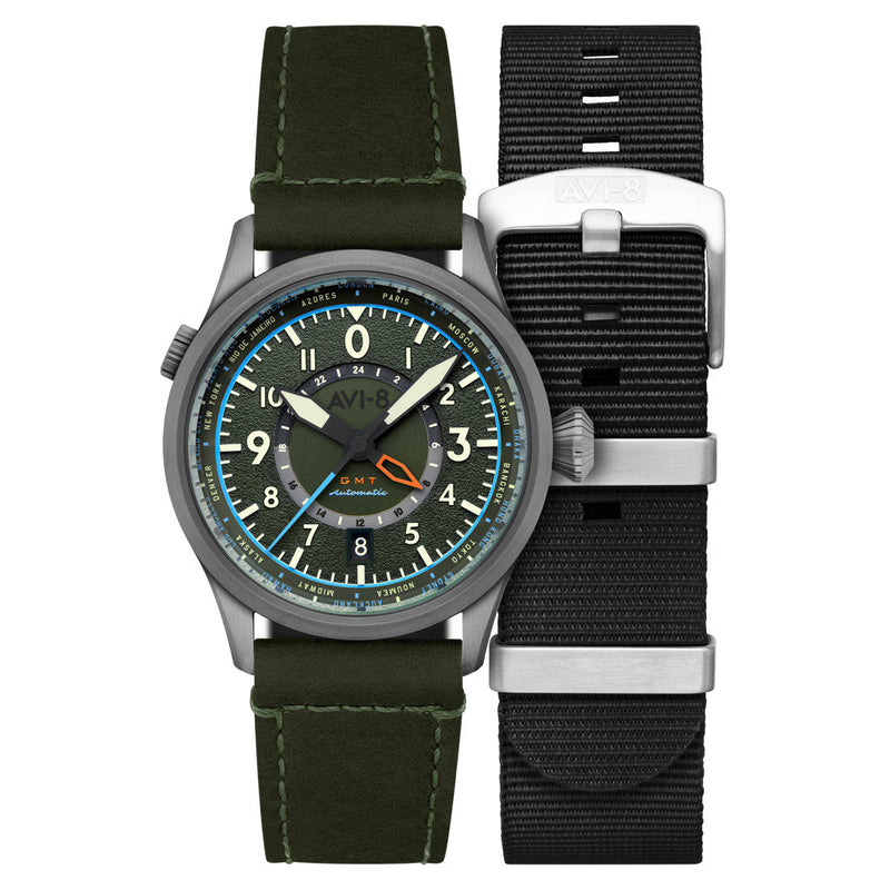 AVI-8 Flyboy Wingman Worldtimer GMT with Jungle Green Dial #AV-4120-05
