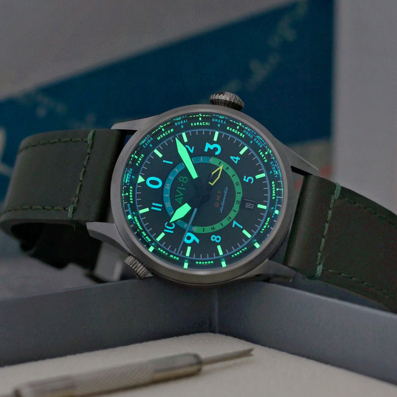 AVI-8 Flyboy Wingman Worldtimer GMT with Jungle Green Dial #AV-4120-05