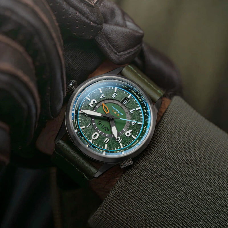 AVI-8 Flyboy Wingman Worldtimer GMT with Jungle Green Dial #AV-4120-05