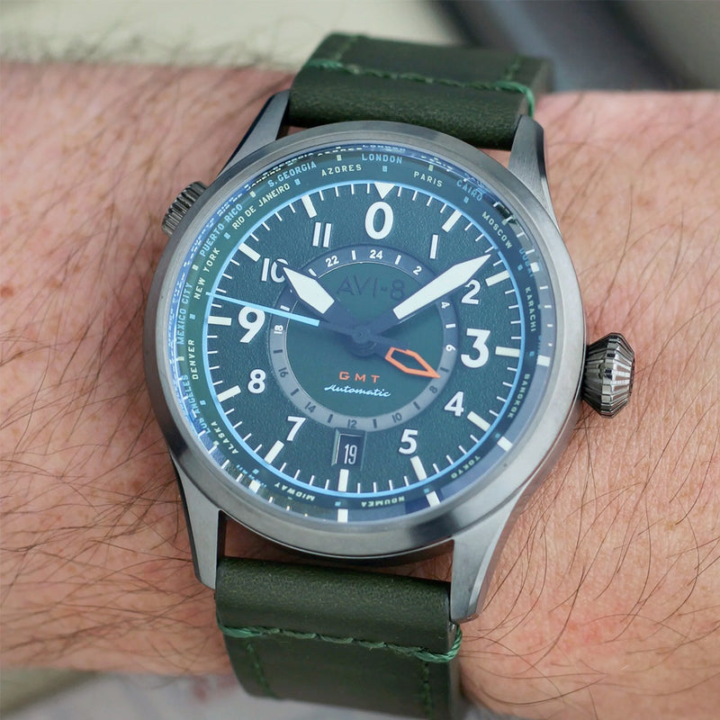 AVI-8 Flyboy Wingman Worldtimer GMT with Jungle Green Dial #AV-4120-05