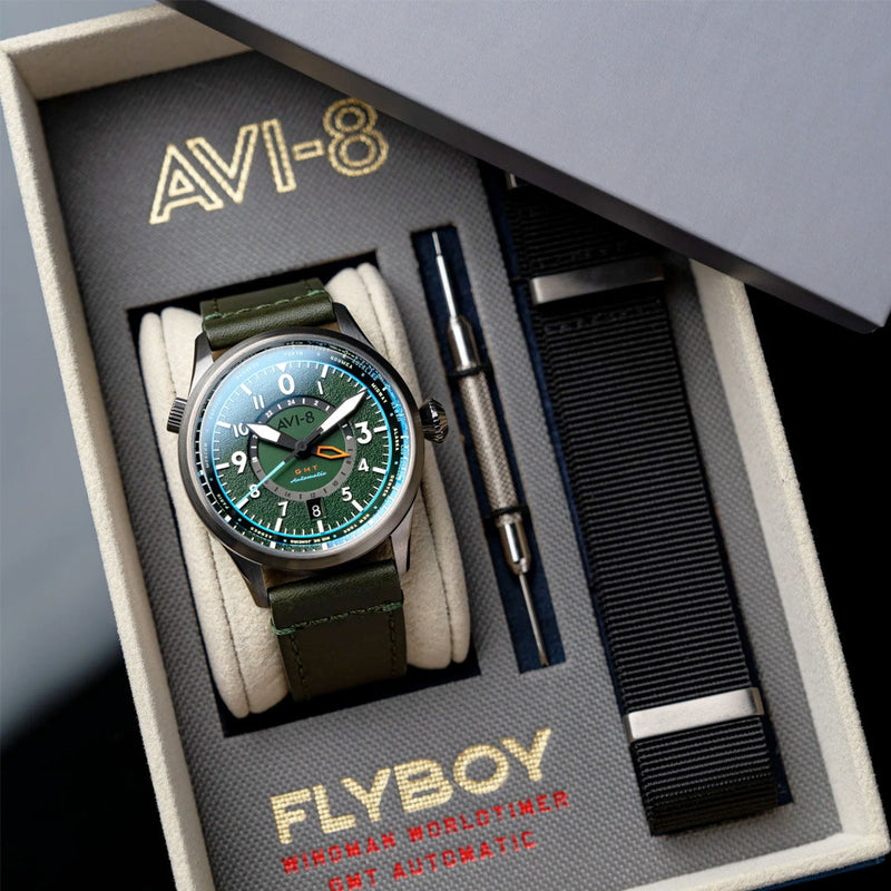 AVI-8 Flyboy Wingman Worldtimer GMT with Jungle Green Dial #AV-4120-05