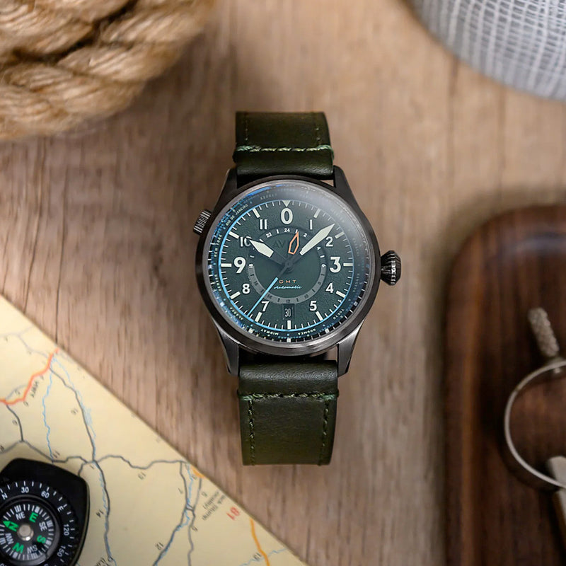 AVI-8 Flyboy Wingman Worldtimer GMT with Jungle Green Dial #AV-4120-05
