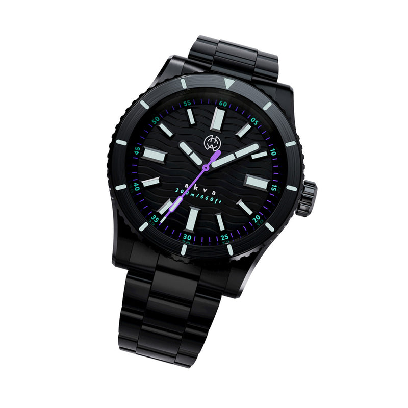 Henry Archer Akva Automatic Dive Watch with Black Dial, DLC Case and Bracelet #HAC-AKV-ULT-3LI tilt