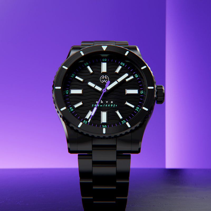 Henry Archer Akva Automatic Dive Watch with Black Dial, DLC Case and Bracelet #HAC-AKV-ULT-3LI