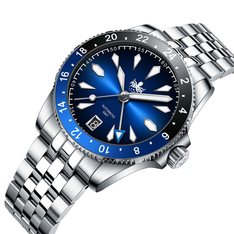 Phoibos Voyager GMT Automatic Watch with Blue Dial #PY043B tilt