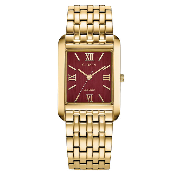 Citizen Addysen Classic Goldtone Watch with Sunburst Red Dial #BJ6572-54X