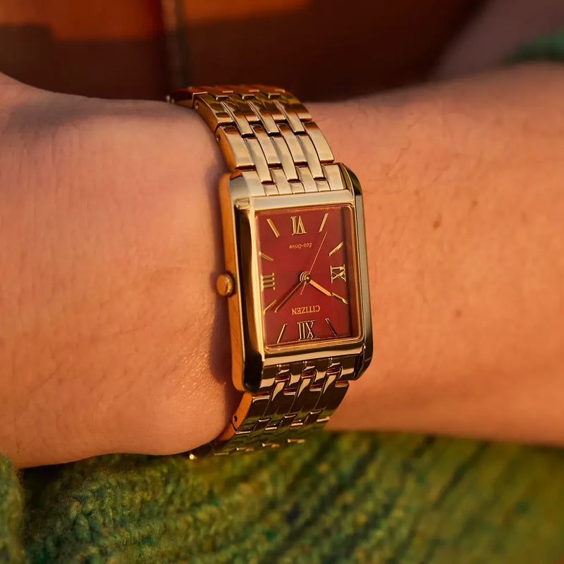 Citizen Addysen Classic Goldtone Watch with Sunburst Red Dial #BJ6572-54X