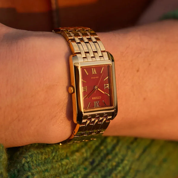 Citizen Addysen Classic Goldtone Watch with Sunburst Red Dial #BJ6572-54X