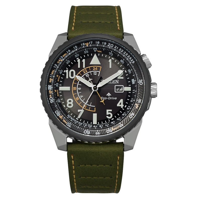 Citizen Eco-Drive Nighthawk with Black Dial and Green Leather Strap #BJ7138-04E zoom