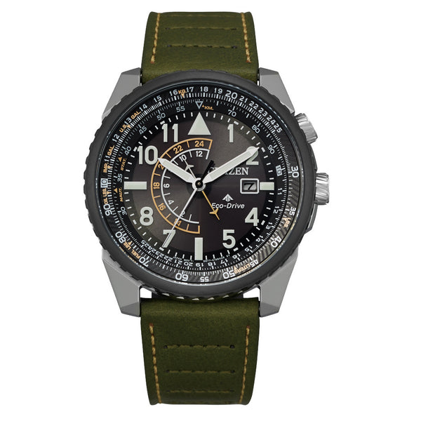 Citizen Eco-Drive Nighthawk with Black Dial and Green Leather Strap #BJ7138-04E zoom