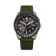 Citizen Eco-Drive Nighthawk with Black Dial and Green Leather Strap #BJ7138-04E