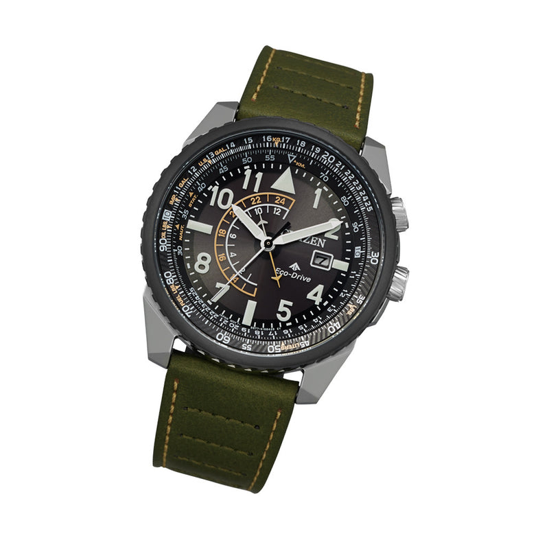 Citizen Eco-Drive Nighthawk with Black Dial and Green Leather Strap #BJ7138-04E tilt