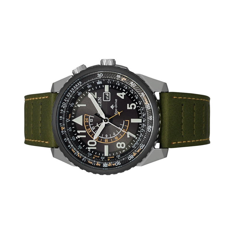 Citizen Eco-Drive Nighthawk with Black Dial and Green Leather Strap #BJ7138-04E side