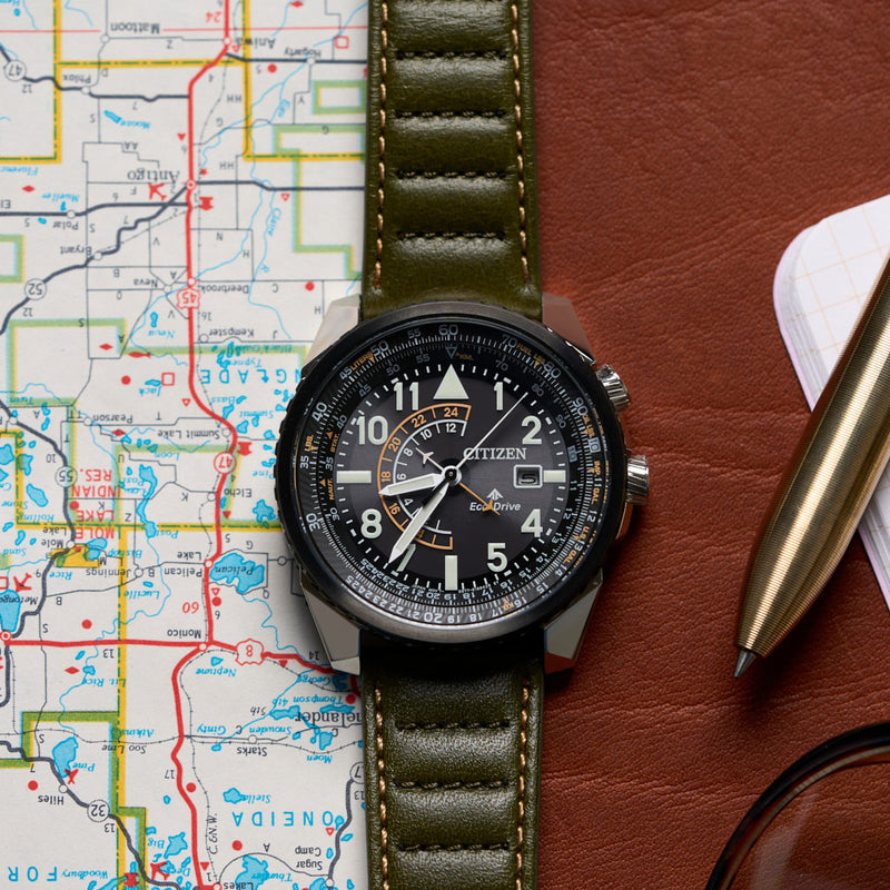 Citizen Eco-Drive Nighthawk with Black Dial and Green Leather Strap #BJ7138-04E lifestyle
