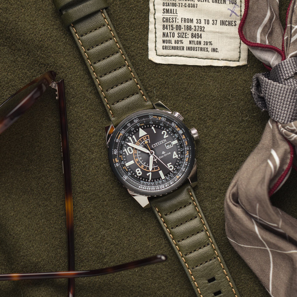 Citizen Eco-Drive Nighthawk with Black Dial and Green Leather