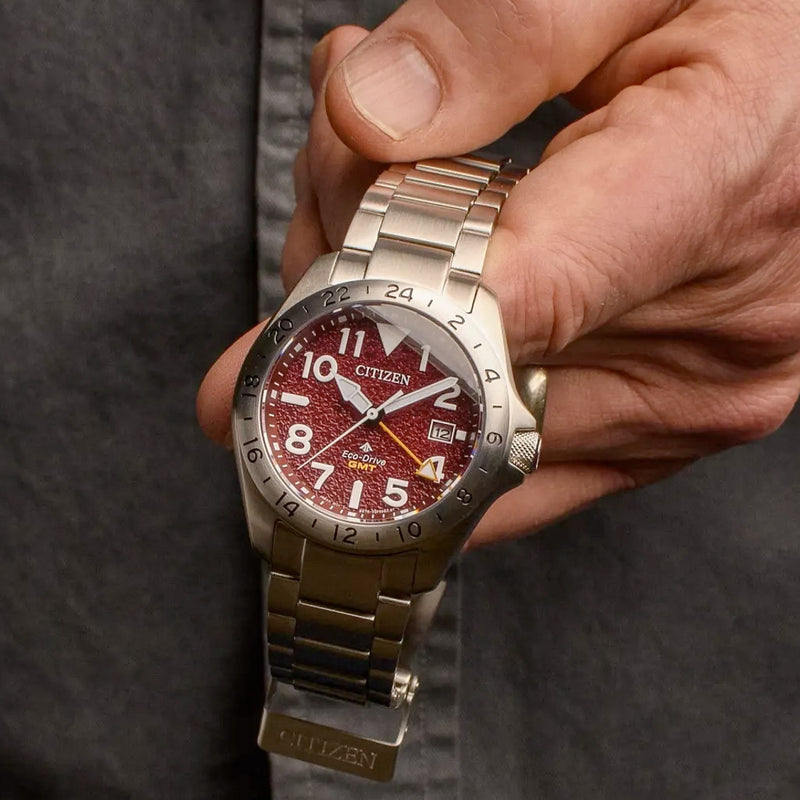 Citizen Eco-Drive Promaster Land GMT Watch with Red Dial #BJ7150-50W