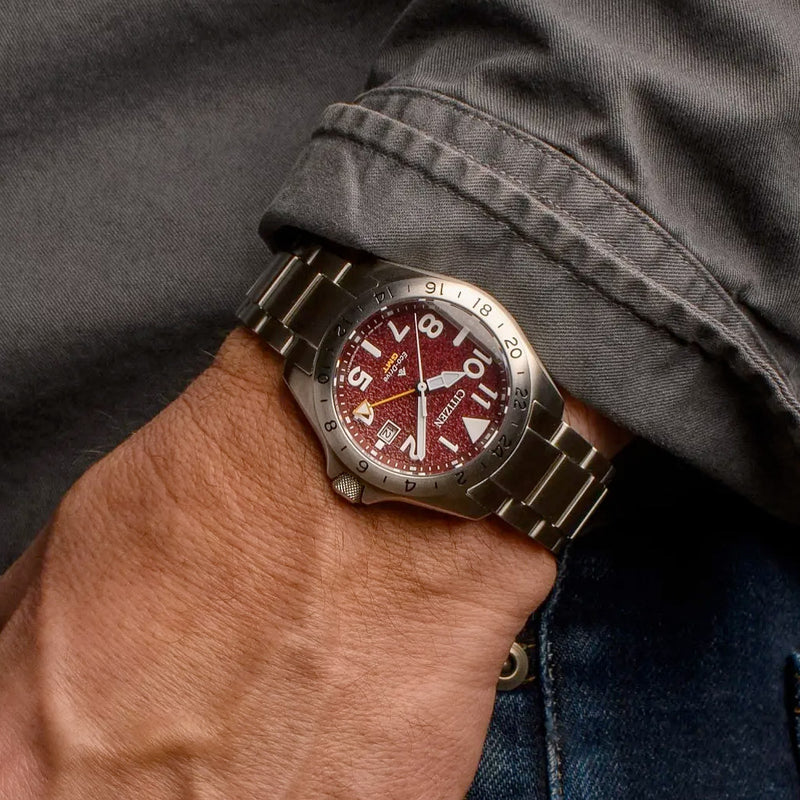 Citizen Eco-Drive Promaster Land GMT Watch with Red Dial #BJ7150-50W