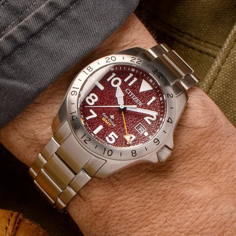 Citizen Eco-Drive Promaster Land GMT Watch with Red Dial #BJ7150-50W