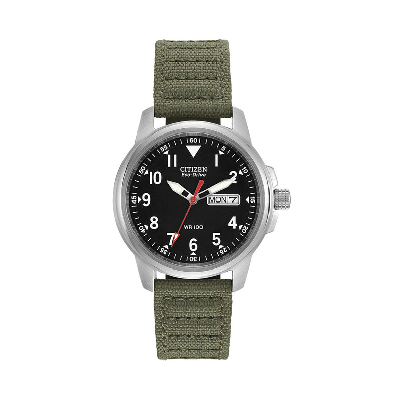Citizen Eco-Drive Garrison Watch with Black Dial and Green Strap #BM8180-03E