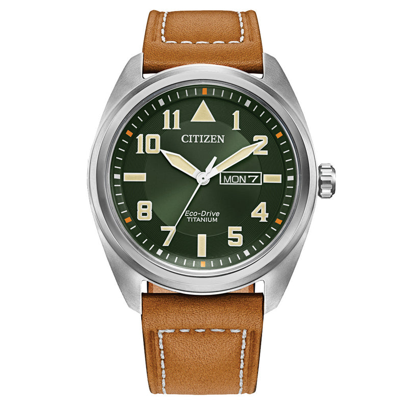 Citizen Eco-Drive Garrison Titanium Watch with Green Dial and Leather Strap #BM8560-02X zoom