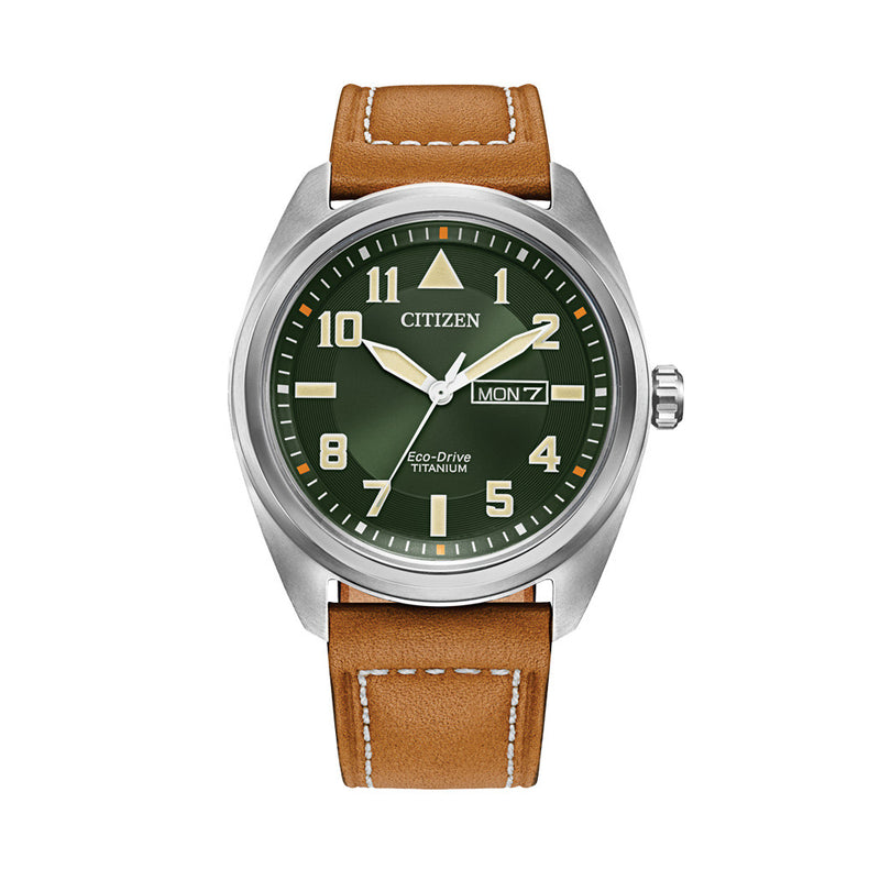Citizen Eco-Drive Garrison Titanium Watch with Green Dial and Leather Strap #BM8560-02X