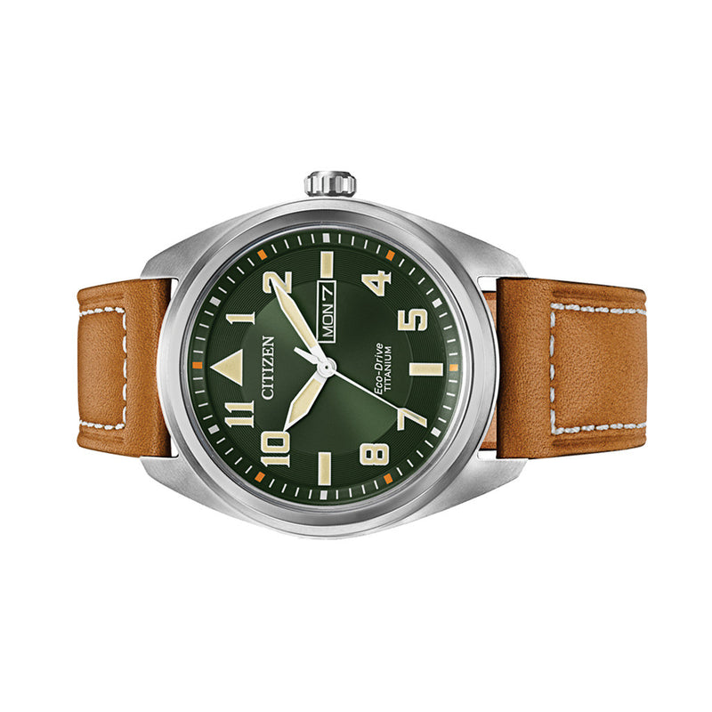 Citizen Eco-Drive Garrison Titanium Watch with Green Dial and Leather Strap #BM8560-02X side