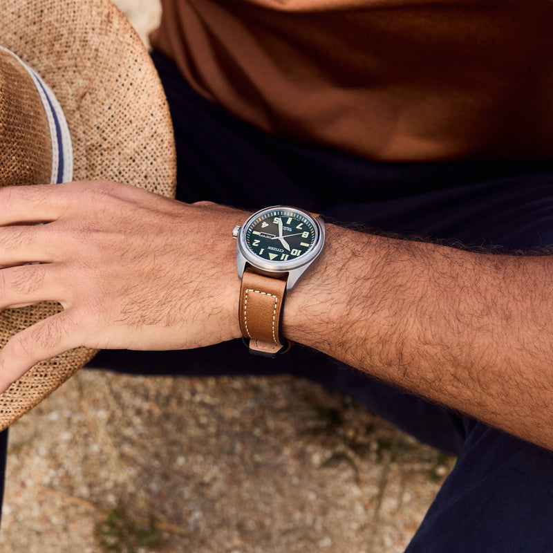 Citizen Eco-Drive Garrison Titanium Watch with Green Dial and Leather Strap #BM8560-02X wrist