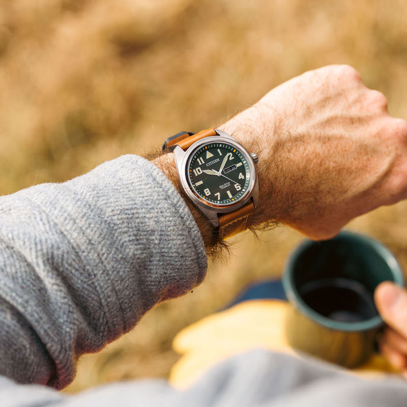 Citizen Eco-Drive Garrison Titanium Watch with Green Dial and Leather Strap #BM8560-02X wrist