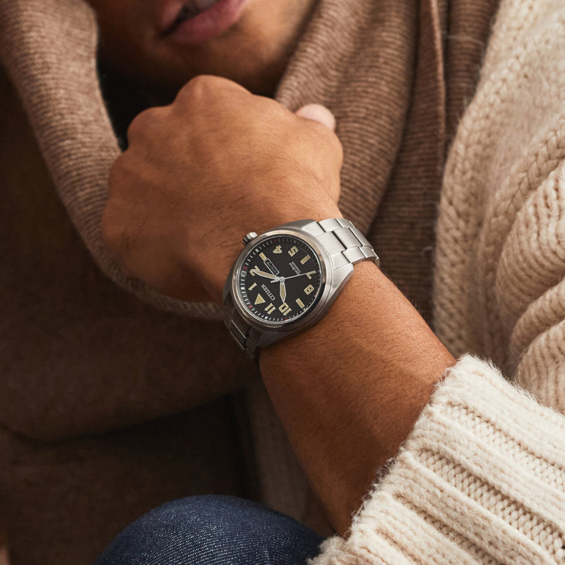 Citizen Eco-Drive Garrison Titanium Watch with Black Dial and Titanium Bracelet #BM8560-53E wrist