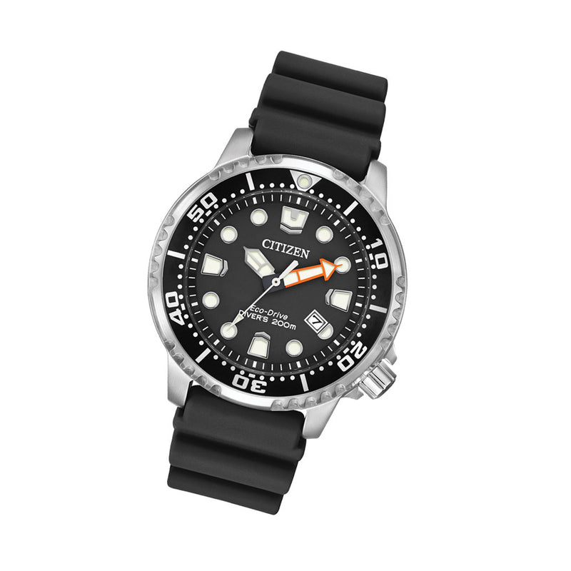 Citizen Eco-Drive Promaster Dive Watch with Black Dial and Rubber Strap #BN0150-28E tilt