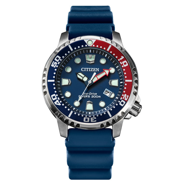 Citizen Eco-Drive Promaster Dive Watch with Blue Dial and Rubber Strap #BN0168-06L zoom