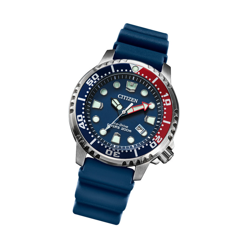 Citizen Eco-Drive Promaster Dive Watch with Blue Dial and Rubber Strap #BN0168-06L tilt