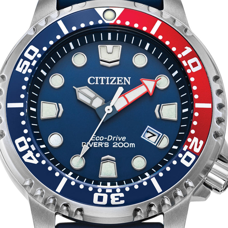 Citizen Eco-Drive Promaster Dive Watch with Blue Dial and Rubber Strap #BN0168-06L dial zoom