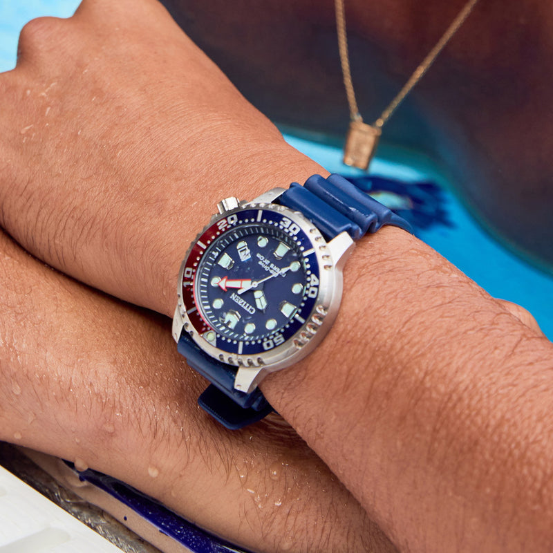 Citizen Eco-Drive Promaster Dive Watch with Blue Dial and Rubber Strap #BN0168-06L lifestyle