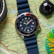 Citizen Eco-Drive Promaster Dive Watch with Blue Dial and Rubber Strap #BN0168-06L lifestyle