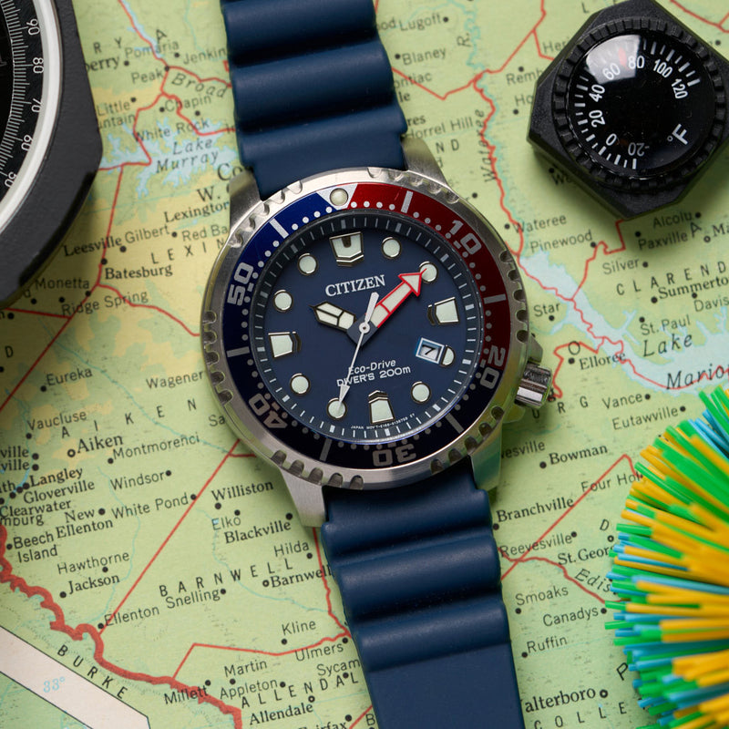 Citizen Eco-Drive Promaster Dive Watch with Blue Dial and Rubber Strap #BN0168-06L lifestyle
