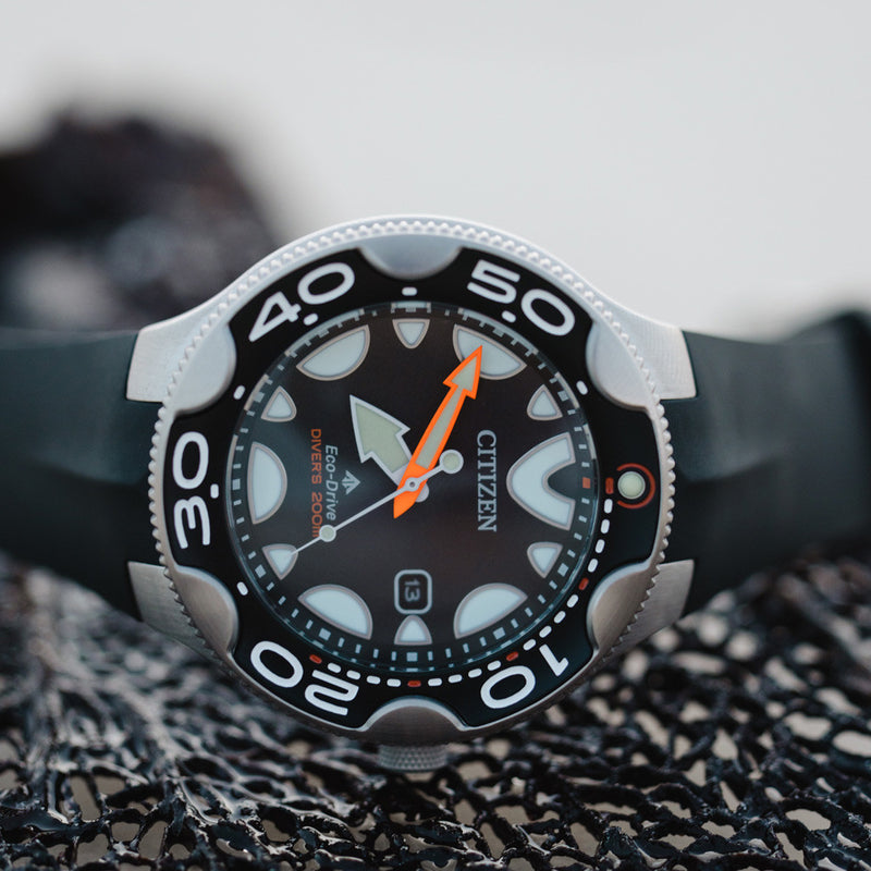 Citizen Eco-Drive Promaster Dive Watch "Orca" with Black Dial and Rubber Strap #BN0230-04E lifestyle