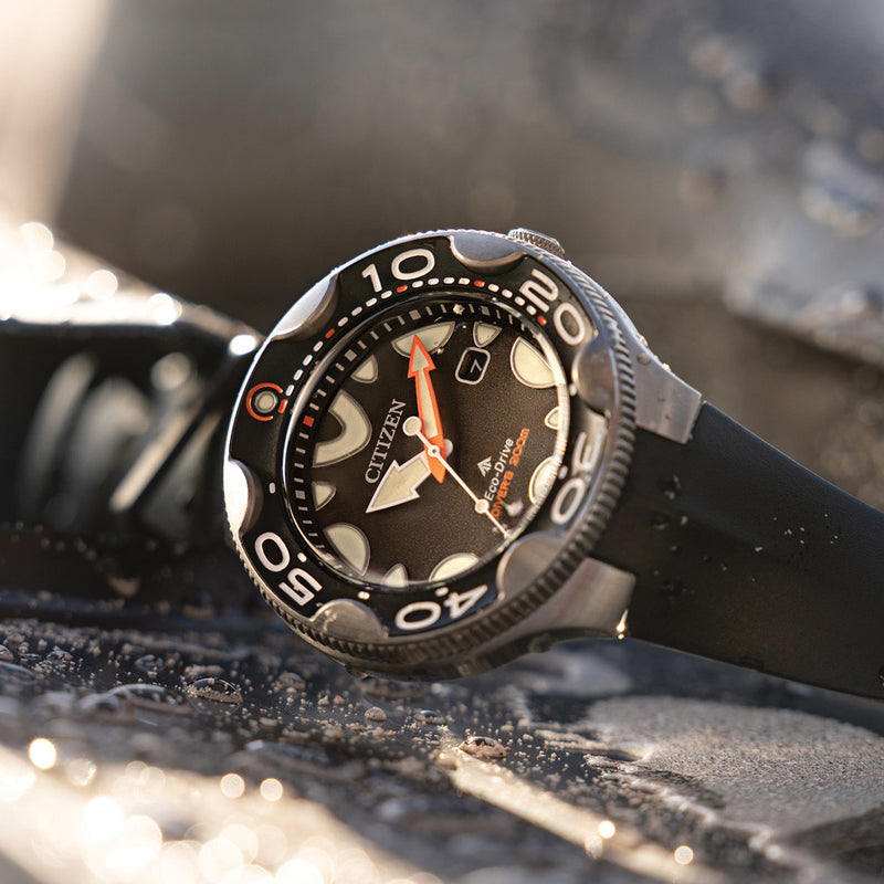 Citizen Eco-Drive Promaster Dive Watch "Orca" with Black Dial and Rubber Strap #BN0230-04E lifestyle