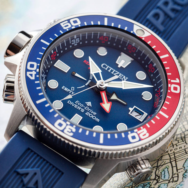 Citizen Promaster Aqualand Eco-Drive with Blue Dial and Depth Meter #BN2038-01L lifestyle