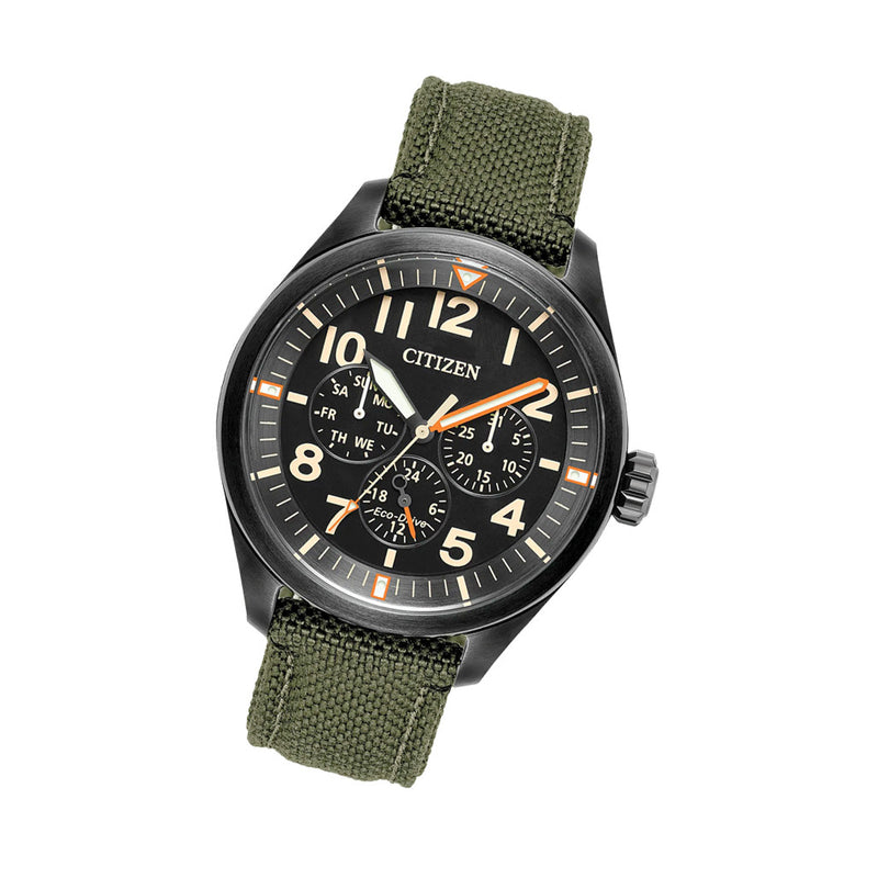 Citizen Eco-Drive Garrison Watch with Black Dial and Green Cordura Strap #BU2055-16E