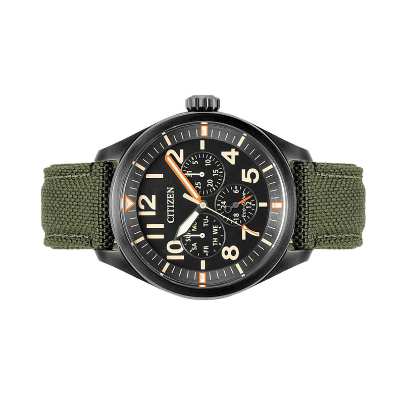 Citizen Eco-Drive Garrison Watch with Black Dial and Green Cordura Strap #BU2055-16E
