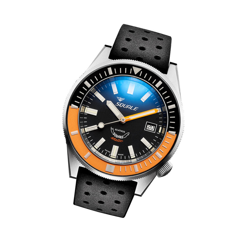 Squale Matic 600 meter Swiss Automatic Dive watch with Black Dial and Black-Orange Bezel #Matic-Black-OJ Tilt