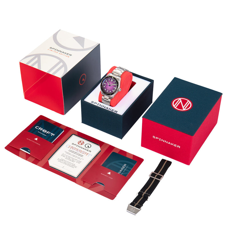 Spinnaker x Islander Croft Limited Edition Hi-Beat Watch with Sand Ombre Purple Dial #SP-5094-LIW22 boxset